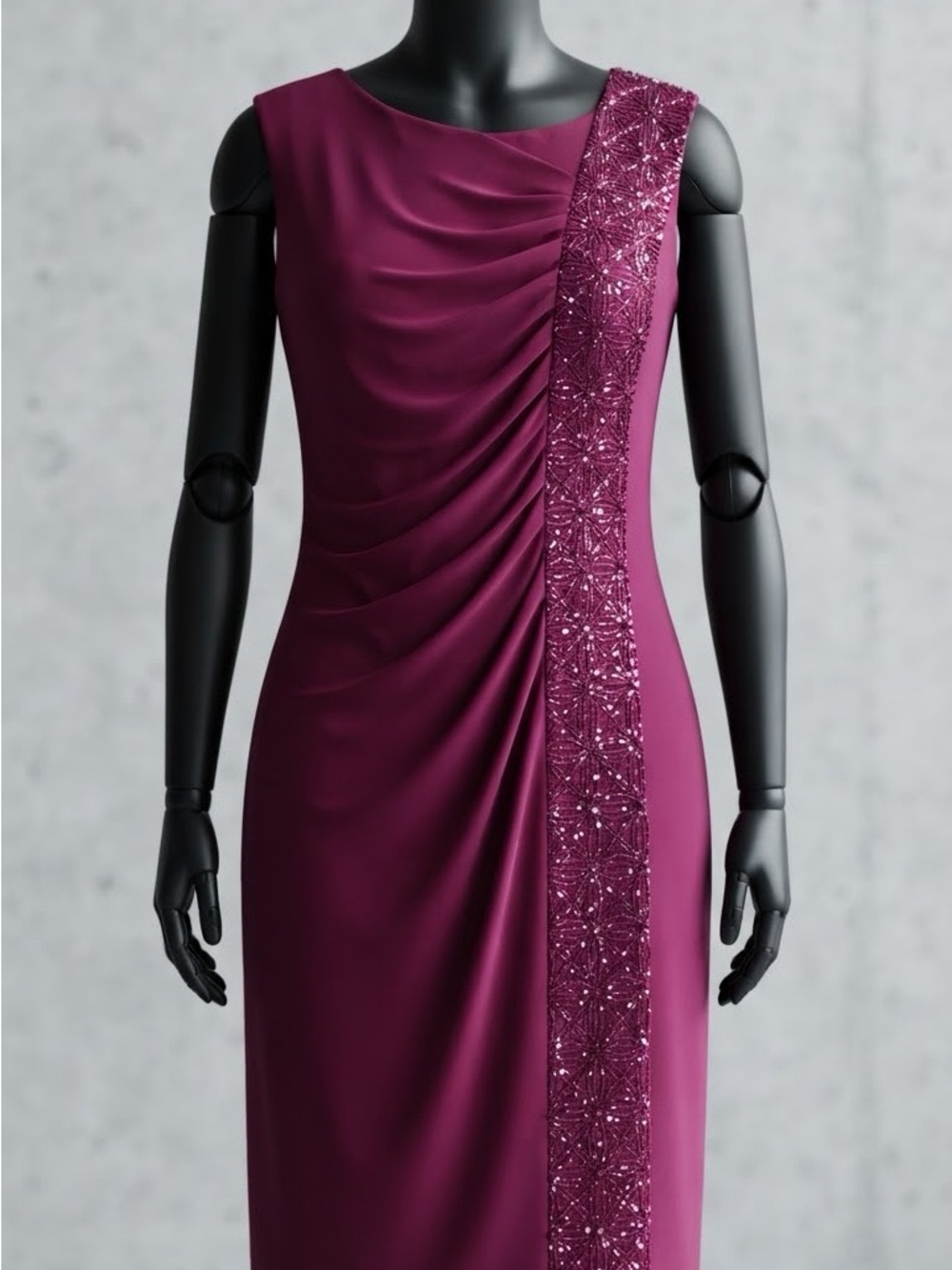 R&M Richards Plum Beaded One-Shoulder Evening Dress
